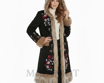 Women’s Embroidered Suede Coat with Faux Fur Trim & Hood Vintage Penny Lane Style Winter Jacket