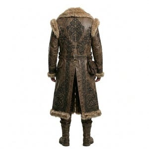 May include: A long brown coat featuring dark black intricate scrollwork embroidery, a thick faux fur collar, and matching faux fur trim on the cuffs and hem. The coat includes a waist belt with a buckle, side pockets, and a small attached pouch.
