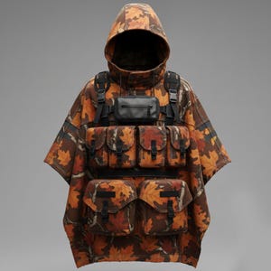 Cyberpunk Utility Cloak Futuristic Hooded Cape Techwear Tactical Hooded Poncho Cloak Camo Multi Pocket Military Jacket Outdoor Survival Gear
