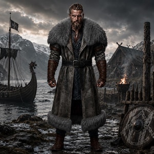 May include: A long, weathered dark brown leather coat featuring a thick grey fur collar and hem, worn with a wide black leather belt. The garment includes brown leather gauntlets and a dark textured tunic underneath, creating a rugged appearance.