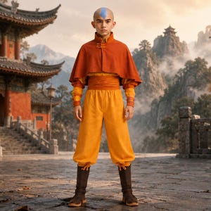 May include: A person with a shaved head featuring a blue arrow tattoo, wearing a rust-orange cape with a high collar, a yellow long-sleeved tunic, a matching yellow sash, loose yellow trousers with tied cuffs, and dark brown boots.