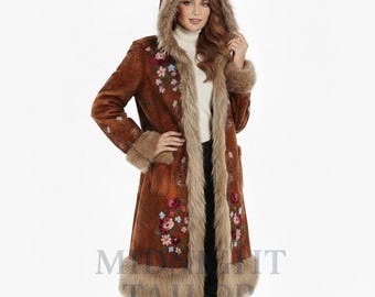 Vintage Fur Coat, 70s Colorful Patchwork Suede Leather Faux Fur