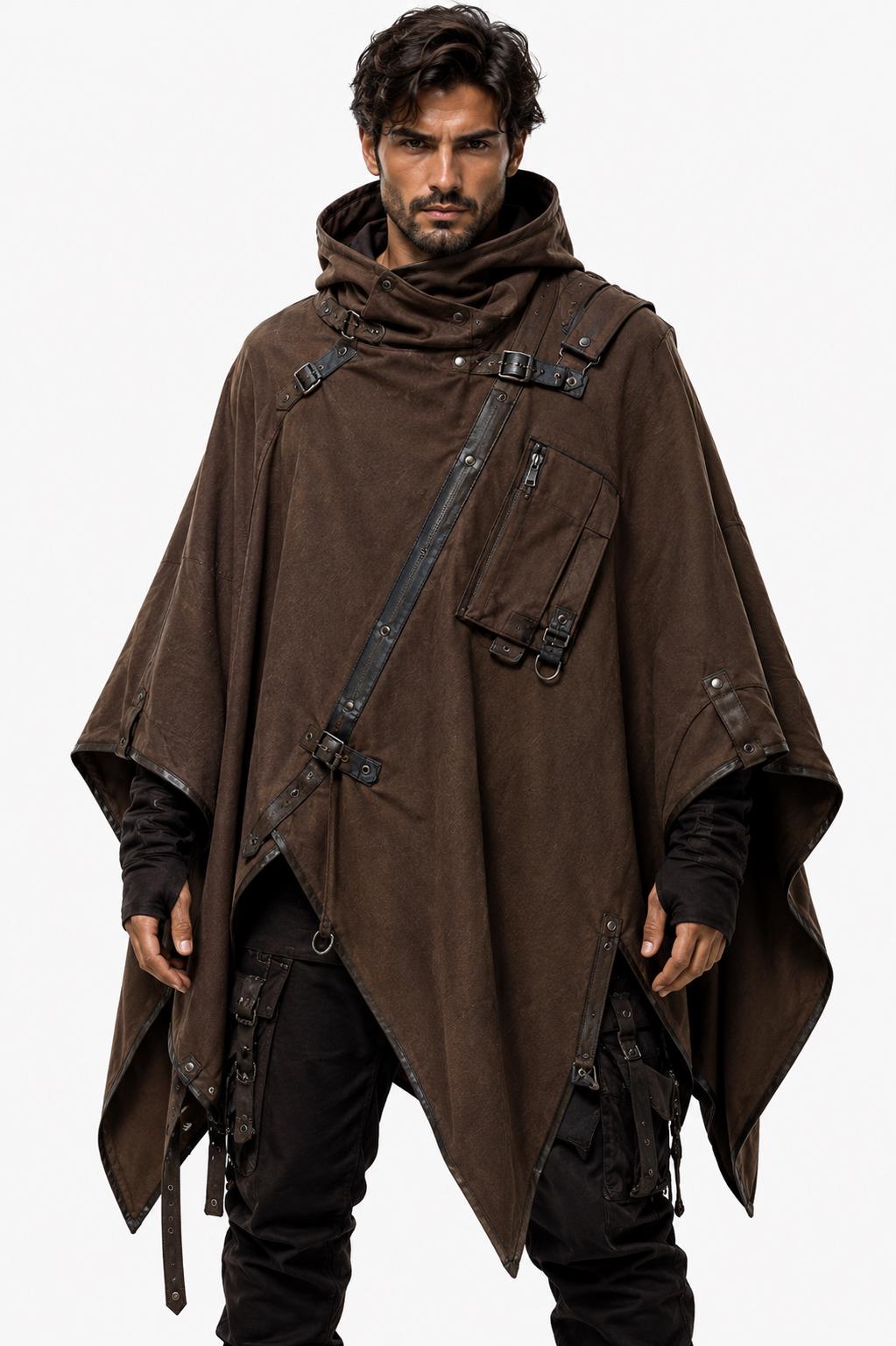 Techwear Brown Canvas Poncho Hooded Cloak, Tactical Cyberpunk Cape, Post Apocalyptic Festival Outerwear, Unisex Streetwear