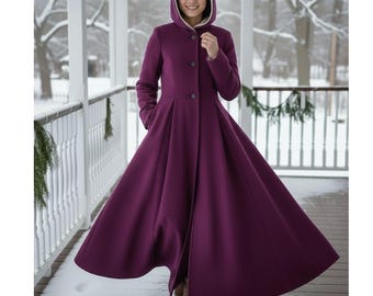 Purple Long Wool Swing Coat for Women, Hooded Winter Trench Coat, Fit and Flare Military Style Overcoat, Elegant Full Length Wool Jacket