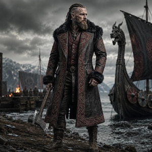 May include: A long, dark grey coat with red intricate knotwork embroidery, black fur trim on the collar and cuffs, worn over a dark red vest and dark trousers. The coat features a structured fit, and the individual holds a large metal battle axe.