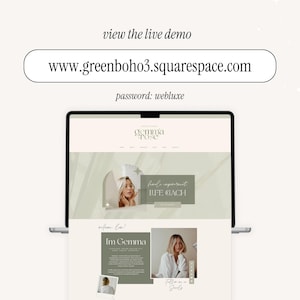 May include: A laptop displaying a website with a minimalist design. The website features a light green and beige color scheme, with the text "gemma rose" at the top. The URL www.greenboho3.squarespace.com is displayed above the laptop screen.