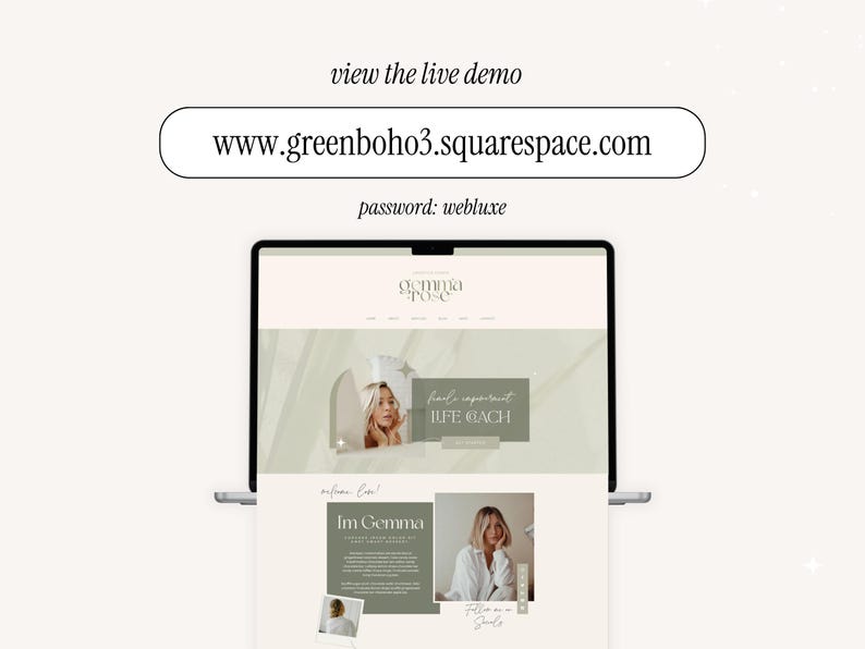 May include: A laptop displaying a website with a minimalist design. The website features a light green and beige color scheme, with the text "gemma rose" at the top. The URL www.greenboho3.squarespace.com is displayed above the laptop screen.