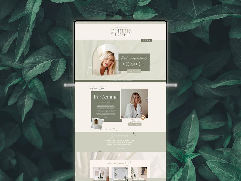 May include: A laptop displays a website with a light green and beige color scheme. The website features the name "Gemma Rose" and the text "heart & empowerment COACH". The site includes photos of a blonde woman and other design elements.