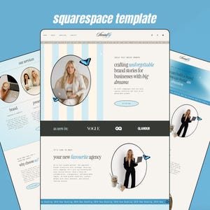 Könnte beinhalten: Digitales Mockup eines Website-Designs auf drei Tablets, mit einem hellblauen und weißen Farbschema. Die Website zeigt eine Frau mit einem Laptop und den Text "crafting unforgettable brand stories for businesses with big dreams."