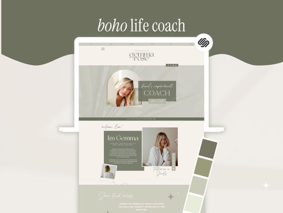 Squarespace Website Template for Coaches, Boho Green, Feminine Business, UGC, Life Coach - 7.1