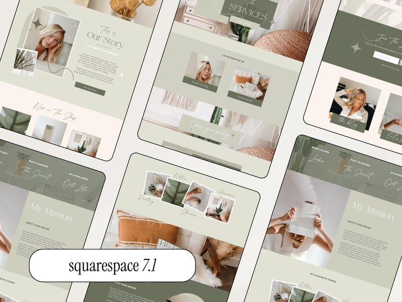 May include: A collection of website mockups with a neutral color palette. The designs feature images, text, and a clean layout. The text includes phrases like "Our Story" and "My Mission". The Squarespace 7.1 logo is visible.