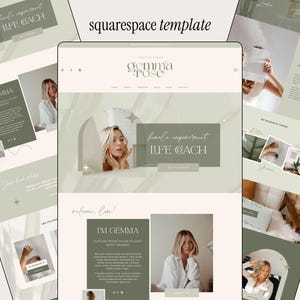 May include: A Squarespace website template with a minimalist design. The website features a light color palette with images of a woman and text that reads "Female empowerment Life Coach" and "I'm Gemma". The overall theme is modern and professional.