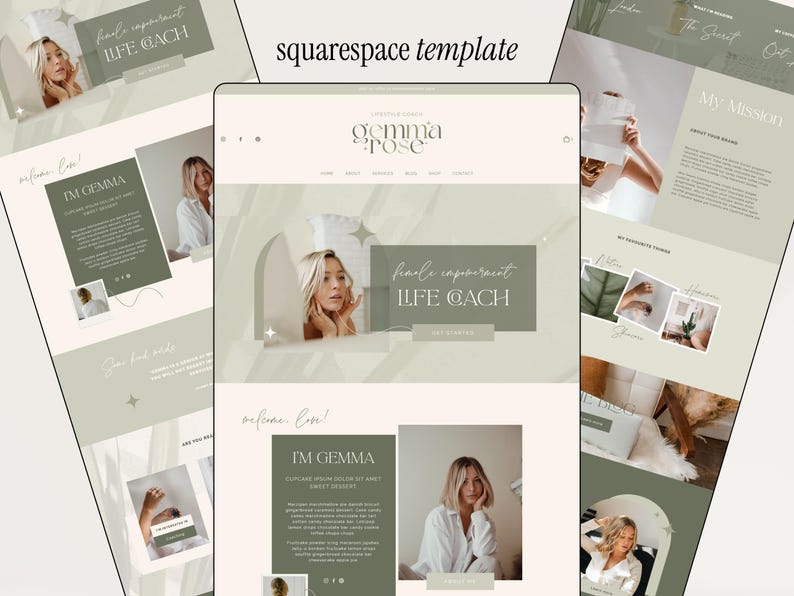 May include: A Squarespace website template with a minimalist design. The website features a light color palette with images of a woman and text that reads "Female empowerment Life Coach" and "I'm Gemma". The overall theme is modern and professional.