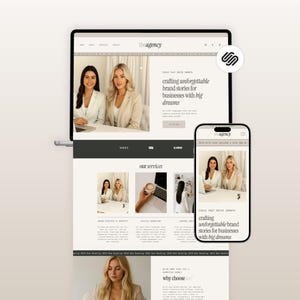 May include: A laptop, tablet, and smartphone display a website with the text "the agency" and "crafting unforgettable brand stories for businesses with big dreams." The website features images of two women and a clean, modern design.