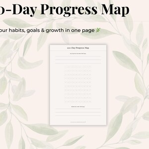 Op de afbeelding: Een afdrukbare 100-daagse voortgangskaart, ontworpen om gewoonten, doelen en groei bij te houden. De titel staat bovenaan. De achtergrond is een zachte, neutrale kleur met een decoratief bladerenpatroon.