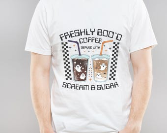 Freshly Boo’d Coffee Halloween T-Shirt Print | Spooky Cute Ghost Coffee Design | Digital Download PNG