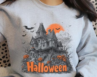 Haunted House Halloween T-Shirt Design | Spooky Ghosts & Pumpkins | Digital Download PNG for Sublimation Or Printing