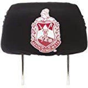 May include: Black car headrest cover featuring a red and white emblem with the Greek letters Alpha, Sigma, and Phi. The emblem includes a figure and text. The headrest has two metal support rods.