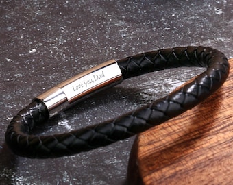Personalised Mens Engraved Bracelet,Custom Leather Bracelet for Dad, Gift for dad, Birthday Gift for him