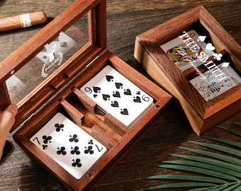 Personalized Wooden Playing Card Box, Holds Two Decks, Game Night Storage, Personalized Wooden Playing Card Box with Glass Lid