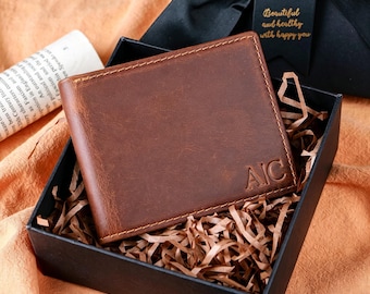 Personalized Genuine Leather Wallet, Engraved Custom Men's Wallet,  Birthday Gift for Him, Gift for Dad & Boyfriend