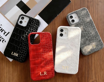 Personalized Crocodile Embossed Vegan Leather iPhone Case, Custom Initials Phone Cover, Iphone 17 pro max case