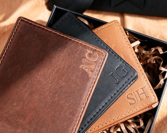Custom Genuine Leather RFID Wallet with Box, Initial Embossed Wallet with RFID, Anniversary Gift for Husband