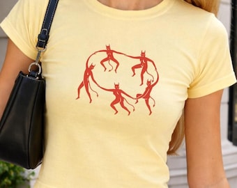 Matisse Dancing Devils Baby Tee, Vintage Demon Top, Coquette Baby Tee, Baby Tee Y2k, 90s Retro Graphic Top, Cool Grunge Aesthetic