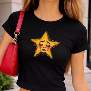 Crying Star Baby Tee, Sad Star Graphic Shirt, Vintage Inspired Tee, Retro Aesthetic Top, Y2K Baby Tee, Coquette Grunge Style image 1