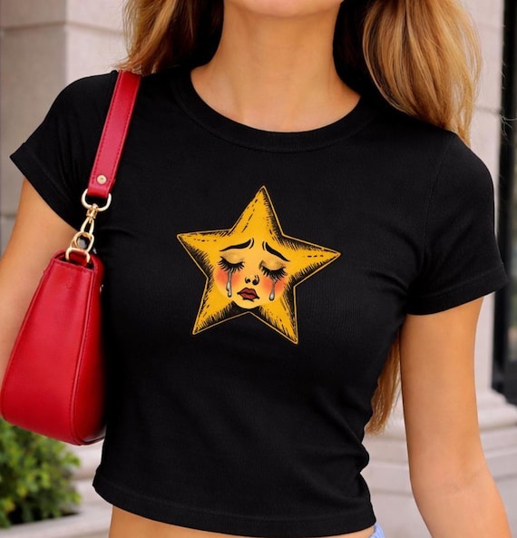 Crying Star Baby Tee, Sad Star Graphic Shirt, Vintage Inspired Tee, Retro Aesthetic Top, Y2K Baby Tee, Coquette Grunge Style