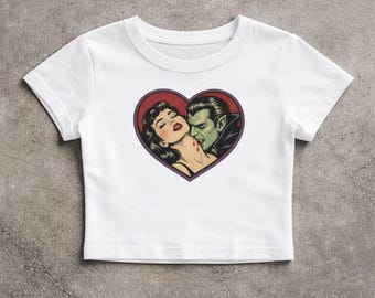 Retro Vampires Graphic Baby Tee, Vintage Dracula Tshirt, 90s Style Tee, Halloween Women Baby Tee Shirt, Gothic