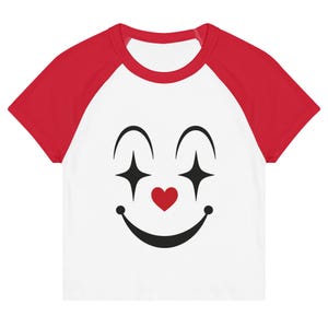 Sad Clown Cropped Baby Tee, Clowncore Tight Fitted Shirt, Y2K Retro Graphic Top, Emo Circus Aesthetic Tee, Raglan Style Crop