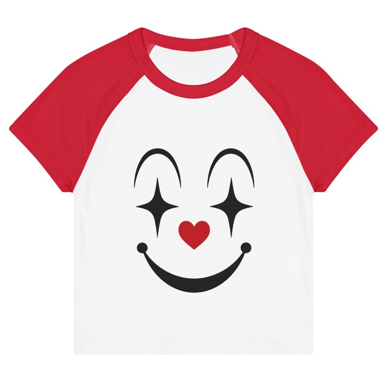 Sad Clown Cropped Baby Tee, Clowncore Tight Fitted Shirt, Y2K Retro Graphic Top, Emo Circus Aesthetic Tee, Raglan Style Crop