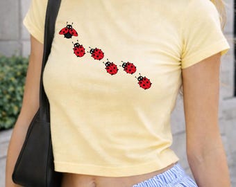 Camiseta de bebé con mariquita, top gráfico retro de los 90, camiseta de insecto estilo cottagecore