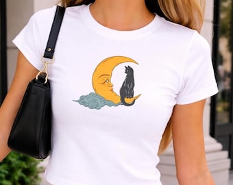 Vintage Cat Halloween Baby Tee, Retro Cat Moon Star Baby Tee, Baby Tee Y2k, Halloween Graphic Tee, 90s Retro Graphic Top, Cool Grunge Kitten