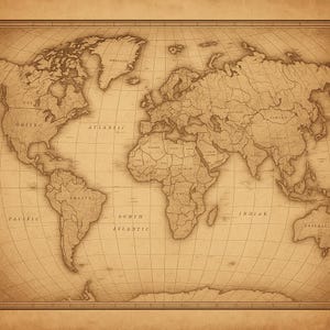 May include: A sepia-toned world map in a vintage style. The map shows detailed continents, oceans, and grid lines. The continents are labelled with names, and the design has a classic, historical feel. Suitable for educational or decorative use, it has a timeless appeal.