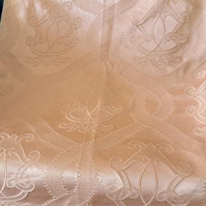 Antique French Pink Peach Cotton Damask Fabric Upholstery Vintage Monogram Baroque Textile Brocade Material Curtain Fabric Remnant, 41"x 53"