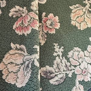 Vintage Venetian Velvet Cotton Fabric Floral Upholstery Green Pink Rose Jacquard Remnant for Cushions Home Decor Textile Damask, 11"x 29"