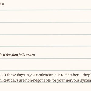 May include: A page from a planner or journal with headings and prompts. The text includes "Your Rhythm," "Writing days," and "Rest days." A "Pro tip" advises blocking days in a calendar, emphasizing rest days for the nervous system.