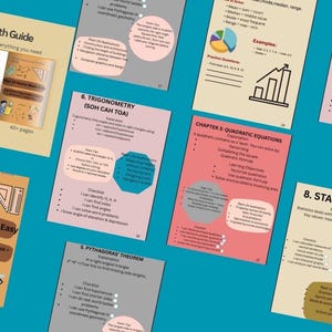 Może przedstawiać: Zbiór edukacyjnych przewodników i arkuszy matematycznych, w tym książka "Math Guide" z ponad 40 stronami i pakiet "Maths Made Easy". Przewodniki obejmują tematy takie jak trygonometria, równania kwadratowe i statystyka, z przykładami i listami kontrolnymi.