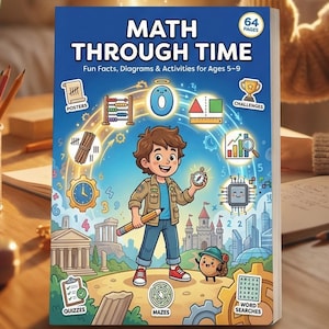 以下が含まれることがあります： 「Math Through Time」というタイトルの本。5～9歳向けの楽しい事実、図表、アクティビティが満載。子供が数字と記号の入った渦巻く金色の光のディスプレイを指さしています。