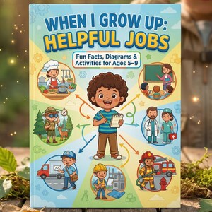 Peut inclure: Un livre pour enfants intitulé « Quand je serai grand : des métiers utiles » est présenté sur une surface en bois. La couverture présente des illustrations de diverses professions et le texte « Faits amusants, diagrammes et activités pour les enfants de 5 à 9 ans ». Un enfant regarde à travers des jumelles en arrière-plan.