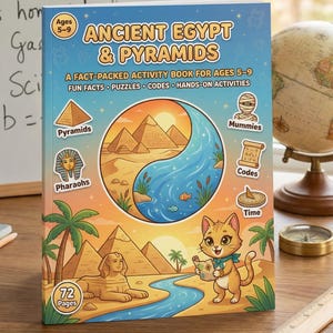 May include: A children's activity book titled "Ancient Egypt & Pyramids" for ages 5-9. The cover shows pyramids, pharaohs, and a cartoon cat. The book contains fun facts, puzzles, codes, and hands-on activities. It has 72 pages.