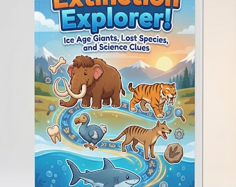 May include: A children's book titled "Extinction Explorer!" features illustrations of extinct animals like a woolly mammoth, saber-toothed tiger, and dodo bird. The cover includes the text "Ice Age Giants, Lost Species, and Science Clues."