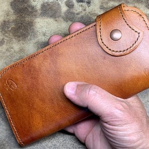 May include: A brown leather glasses case with a copper press stud closure. The case has a stitched design and a small embossed logo. The leather has a warm tone. The case is held in a hand.