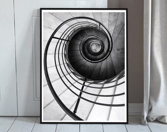 Spiral Staircase Print, Minimalist Architecture, Black White Geometry (Digital Download)