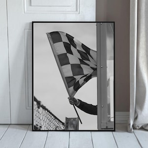 F1 Checkered Flag Wall Art, Black White Print, Vintage Racing Decor