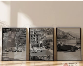 Conjunto de impresiones del Gran Premio de Mónaco de 1955 / Arte mural vintage de Fórmula 1 / Fotografía de carreras en blanco y negro / Decoración de deportes de motor de Mónaco