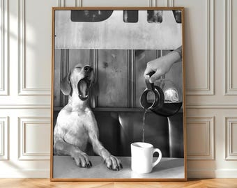 Stampa di caffè per cani, divertente decorazione murale con cani, decorazione da cucina vintage in bianco e nero, regalo per gli amanti del caffè, regalo per i proprietari di cani, download digitale
