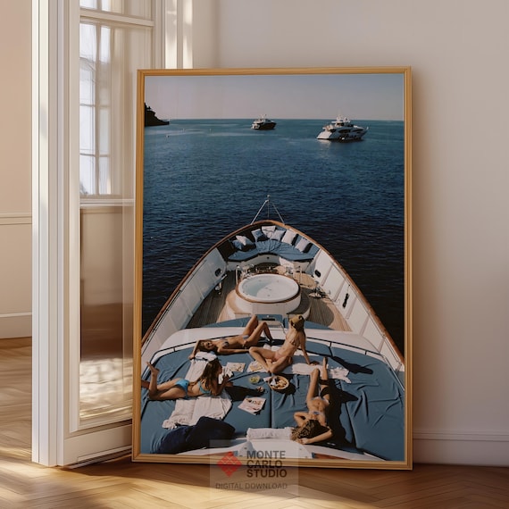 Slim Aarons Style Print, Luxury Yacht Poster, Old Money Aesthetic, Monaco Wall Art, Mediterranean Ocean Decor, Summer Vibe, Digital Download